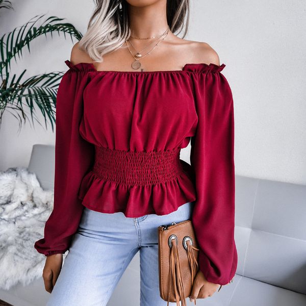 autumn and winter girl one-neck off-shoulder hem ruffled chiffon shirt top, White 
autumn and winter girl one-neck off-shoulder hem ruffled chiffon shirt top, White