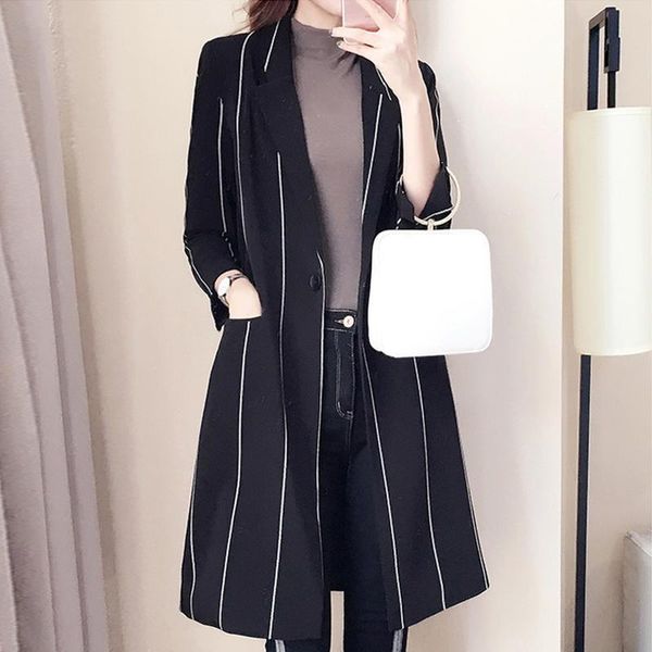 women's suits & blazers 2021 spring striped suit european and american temperament relaxed casual medium length blazer coat, White;black
women's suits & blazers 2021 spring striped suit european and american temperament relaxed casual medium length blazer coat, White;black