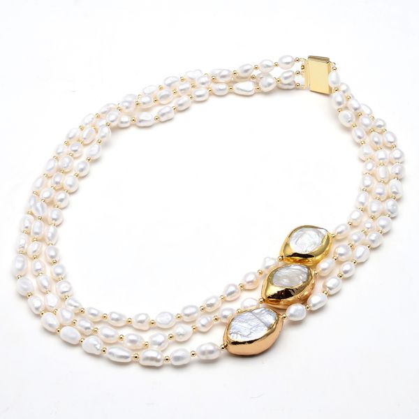 guaiguai jewelry 3 strands cultured baroque pearl necklace keshi pearl gold color plated connector chokers luxury wedding for women, Silver
guaiguai jewelry 3 strands cultured baroque pearl necklace keshi pearl gold color plated connector chokers luxury wedding for women, Silver
