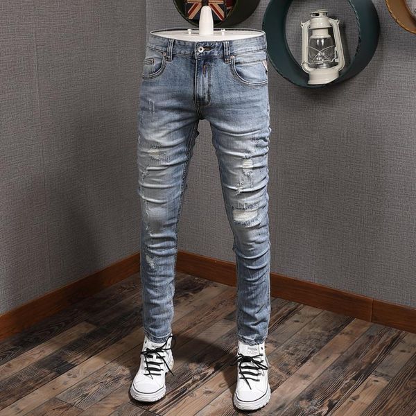 men's jeans european american street fashion men retro light blue elastic slim ripped destroyed designer denim punk pants
men's jeans european american street fashion men retro light blue elastic slim ripped destroyed designer denim punk pants