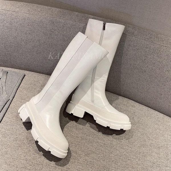 boots designer genuine leather platform long women round toe zipper fashion ladies high boot female shoes botas, Black