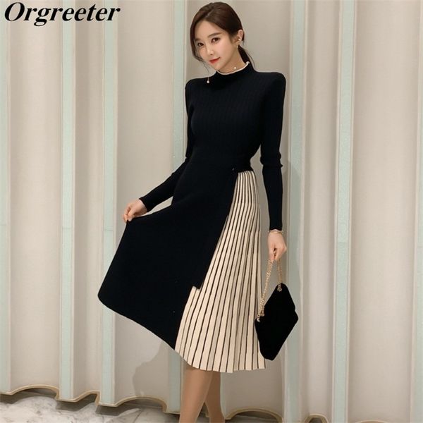 elegant knitted dress fall winter warm thick half turtleneck belt tie-up patchwork striped pleated black sweater 210602, Black;gray
elegant knitted dress fall winter warm thick half turtleneck belt tie-up patchwork striped pleated black sweater 210602, Black;gray