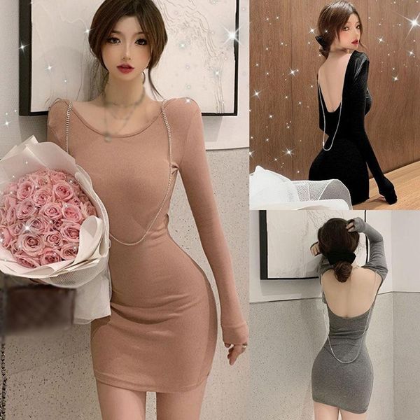 casual dresses women's fashion o neck chain backless slim long sleeved dress 2021, Black;gray
casual dresses women's fashion o neck chain backless slim long sleeved dress 2021, Black;gray