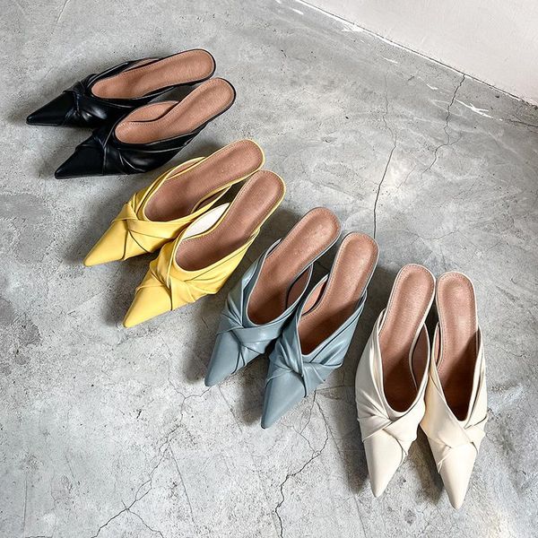 slippers bow-knot pleated pointed toe mules women stiletto med high heels flipflops trendy outdoor wrinkle cover lazy slides, Black