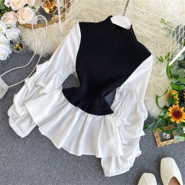 women's knit patchwork fake two-piece slim fit lantern sleeved shirt turtleneck pullovers sweater ml574 211217, White;black 
women's knit patchwork fake two-piece slim fit lantern sleeved shirt turtleneck pullovers sweater ml574 211217, White;black