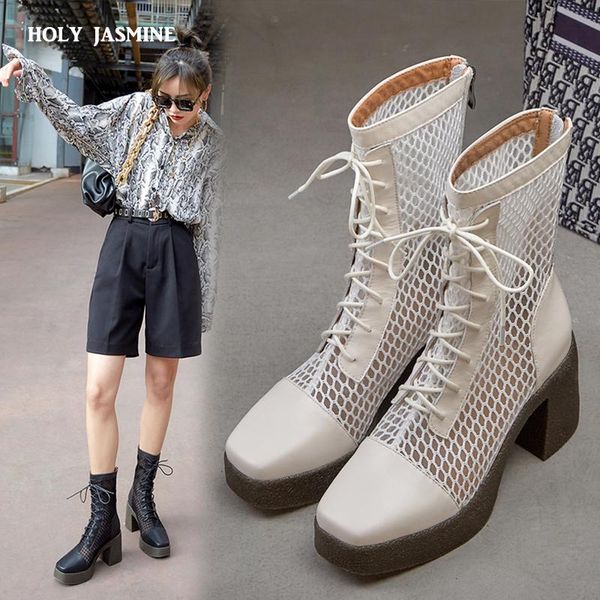 boots women lace up mesh shoes ankle booties summer back cross straps botas mujer brand design botines female 2021, Black