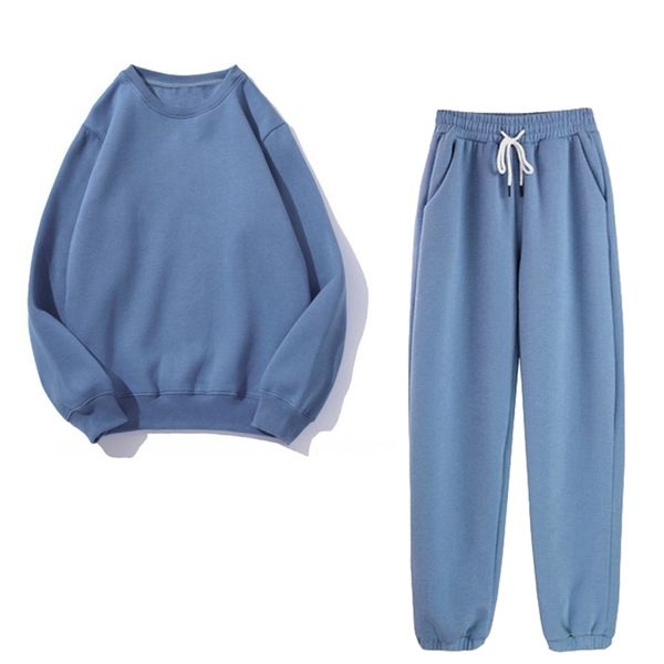 sweatshirt women autumn winter warm yellow fleece cotton suit 2 pieces sets o neck hoodies sweatshirt pants suits 210517, White