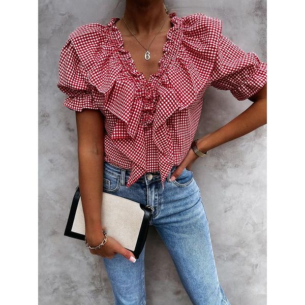 women's blouses & shirts women blouse 2021 puff sleeve elegant summer slim v-neck ruffled plaid korean style ladies shirt blusa feminin, White
women's blouses & shirts women blouse 2021 puff sleeve elegant summer slim v-neck ruffled plaid korean style ladies shirt blusa feminin, White