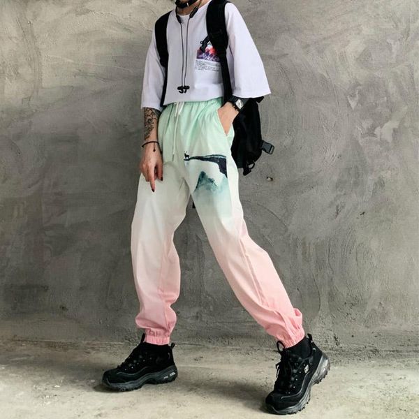 

women's pants & capris printed street korean version of the high-rise waist loose summer and autumn color gradient pantalones, Black;white