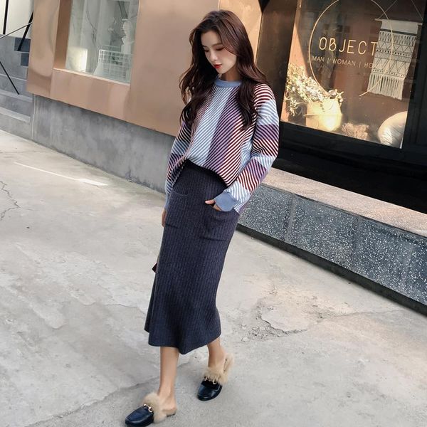 women's two piece pants bgteever casual knitted 2 pieces set o-neck striped sweater & elastic waist long skirt winter women sets female, White
women's two piece pants bgteever casual knitted 2 pieces set o-neck striped sweater & elastic waist long skirt winter women sets female, White