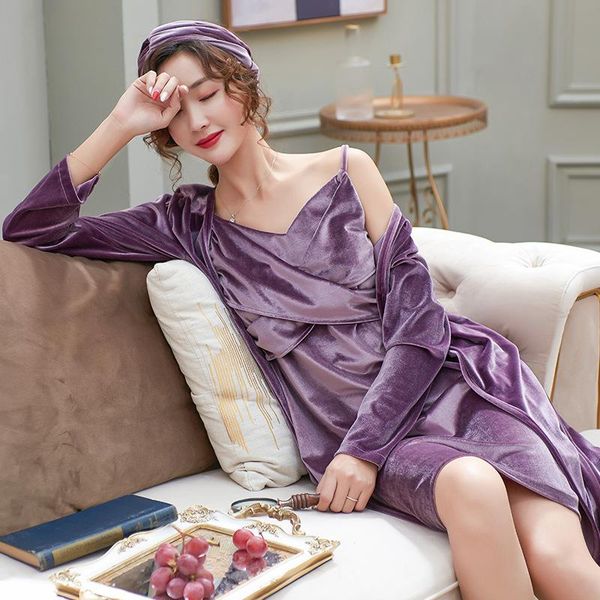women's sleepwear luxurious 3pc velour robe set ladies velvet autumn winter long sleeve solid pajamas suit fashion nightwear for women, Black;red
women's sleepwear luxurious 3pc velour robe set ladies velvet autumn winter long sleeve solid pajamas suit fashion nightwear for women, Black;red