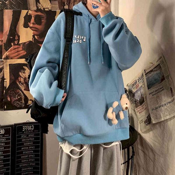 men's women's hoodies autumn winter plus velvet trend lovers bear doll hooded sweatshirt loose hong kong style streetwear, Black
men's women's hoodies autumn winter plus velvet trend lovers bear doll hooded sweatshirt loose hong kong style streetwear, Black