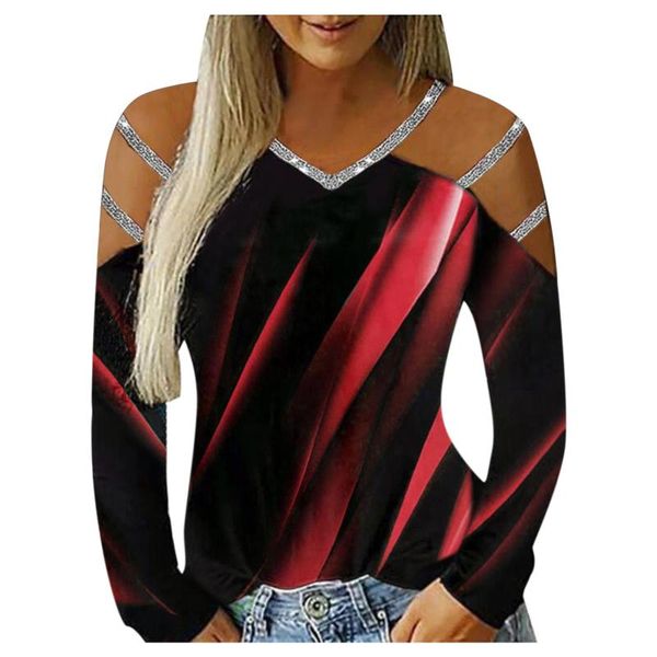 women's t-shirt off shoulder tshirts v-neck women casual positioning line contrast printing long-sleeved epaules nues femme streetwear, White
women's t-shirt off shoulder tshirts v-neck women casual positioning line contrast printing long-sleeved epaules nues femme streetwear, White