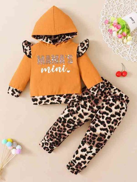 baby letter & leopard print ruffle trim hoodie & sweatpants she, White