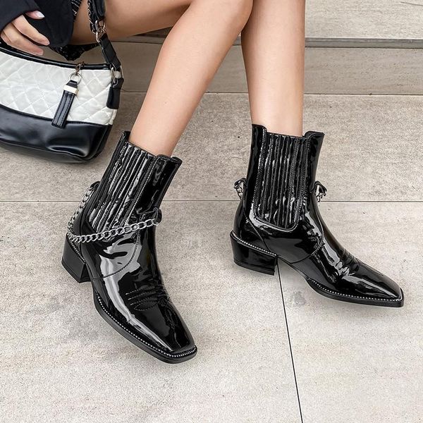 boots western cowboy women pu patent leather chain combat shoes 2021 trend square toe chunky mid heels lady ankle size 10, Black
boots western cowboy women pu patent leather chain combat shoes 2021 trend square toe chunky mid heels lady ankle size 10, Black