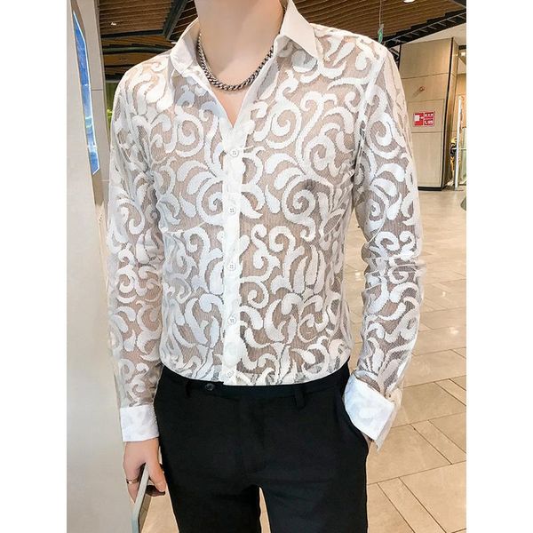 men's casual shirts flower lace hollow men shirt long sleeve social party tuxedo blouse streetwear stage nightclub clothing, White;black
men's casual shirts flower lace hollow men shirt long sleeve social party tuxedo blouse streetwear stage nightclub clothing, White;black