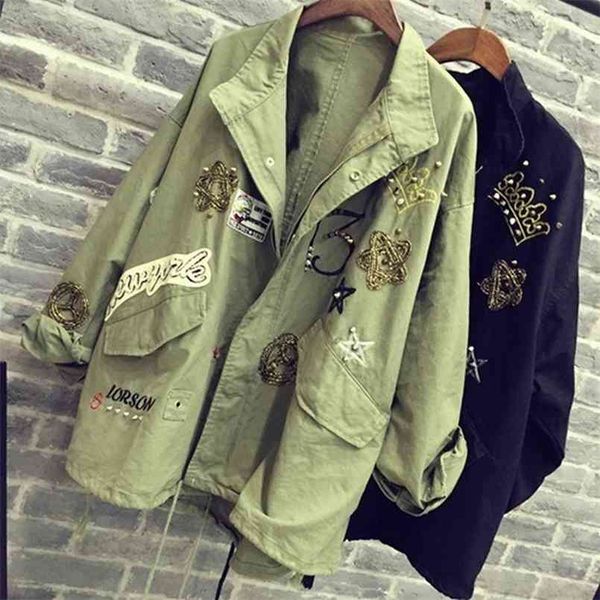 women cotton jacket coat casual bomber jacket embroidery applique rivets oversize army green 210914, Black;brown
women cotton jacket coat casual bomber jacket embroidery applique rivets oversize army green 210914, Black;brown