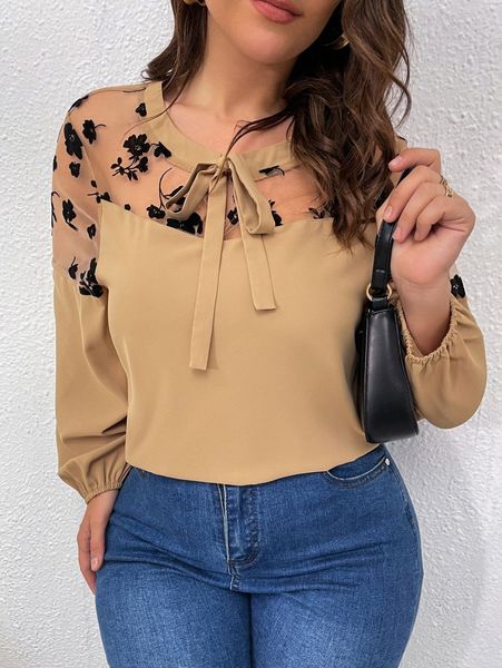 plus contrast floral mesh tie neck lantern sleeve blouse o9kw#, Black 
plus contrast floral mesh tie neck lantern sleeve blouse o9kw#, Black