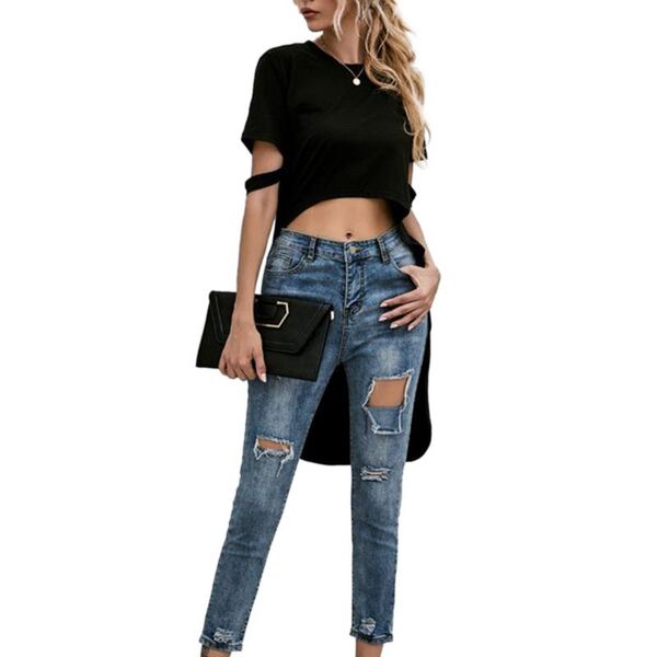 women casual irregular hem t-shirt fashion round collar solid color short sleeve crop tees women's, White
women casual irregular hem t-shirt fashion round collar solid color short sleeve crop tees women's, White