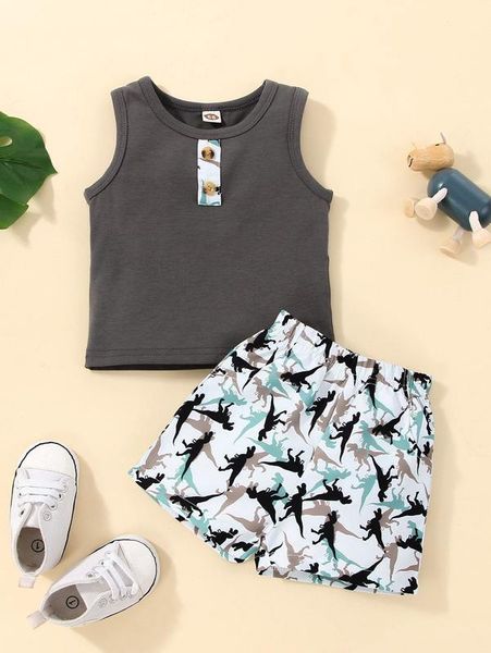 baby contrast tape tank & dinosaur print shorts she, White 
baby contrast tape tank & dinosaur print shorts she, White
