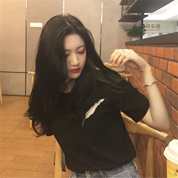 women's t-shirt summer korean style chic feather embroidery short-sleeved female basic models wild round neck loose shirt, White
women's t-shirt summer korean style chic feather embroidery short-sleeved female basic models wild round neck loose shirt, White
