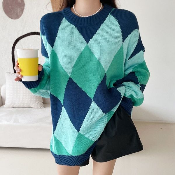 korean knitted pullover autumn winter colorful rhombic round neck lazy wind loose pullover foreign style jacquard sweater, White;black
korean knitted pullover autumn winter colorful rhombic round neck lazy wind loose pullover foreign style jacquard sweater, White;black