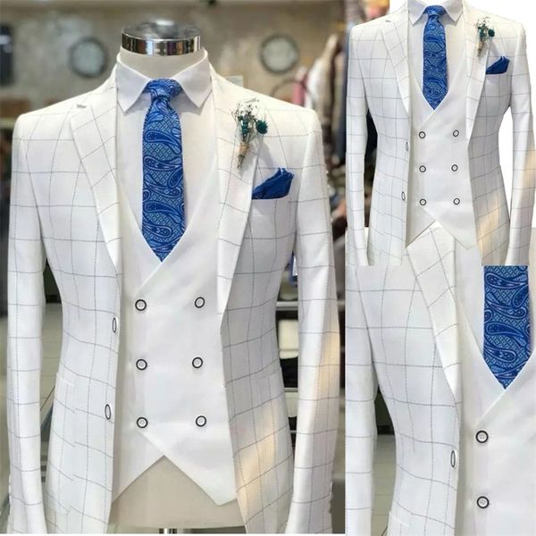 white men suits check pattern wedding tuxedo formal wear customized handsome party suit coat+vest+white pant, Black;gray
white men suits check pattern wedding tuxedo formal wear customized handsome party suit coat+vest+white pant, Black;gray