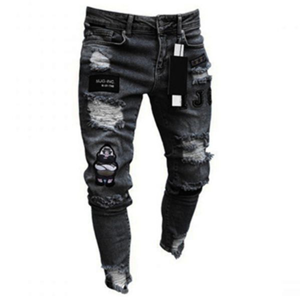 men's elastic tear motorcycle embroidered tight jeans, cartoon printing, hol, high-quality black hip-hop jeans, Blue
men's elastic tear motorcycle embroidered tight jeans, cartoon printing, hol, high-quality black hip-hop jeans, Blue
