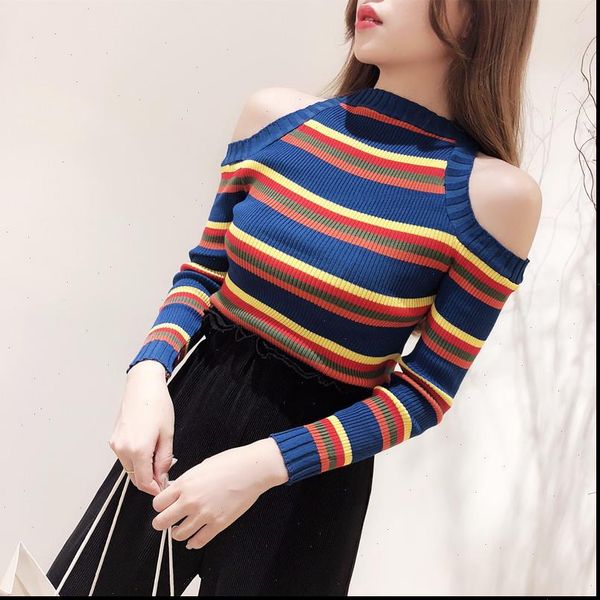 women off shoulder knitted sweater sweaters and pullovers autumn striped hit color fashion slim elastic long sleeve female, White;black
women off shoulder knitted sweater sweaters and pullovers autumn striped hit color fashion slim elastic long sleeve female, White;black