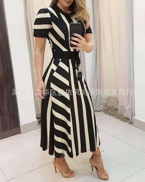 casual dresses 2021 summer striped long short sleeve women's round neck dress, Black;gray
casual dresses 2021 summer striped long short sleeve women's round neck dress, Black;gray