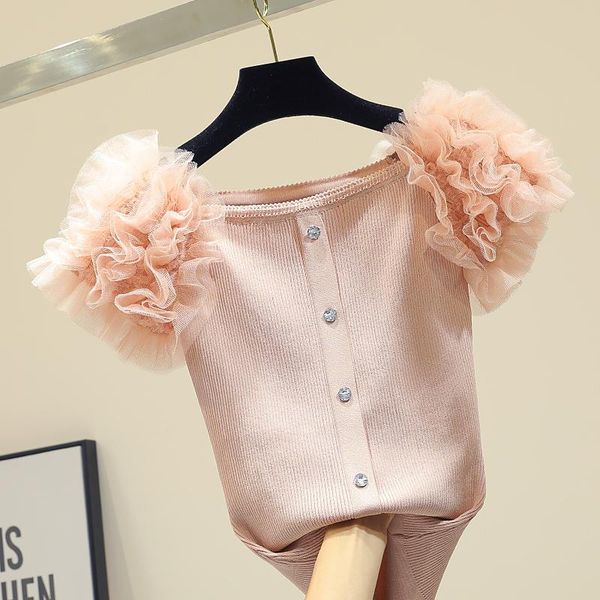 women's t-shirt 2021 summer knitted short-sleeved female korean slim flower petal sleeve pink fashion front buttons top, White
women's t-shirt 2021 summer knitted short-sleeved female korean slim flower petal sleeve pink fashion front buttons top, White