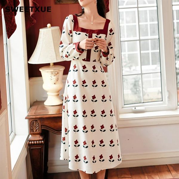 women autumn vintage rrose print dress female high waist square neck fairy chiffon chic party long casual dresses, Black;gray
women autumn vintage rrose print dress female high waist square neck fairy chiffon chic party long casual dresses, Black;gray