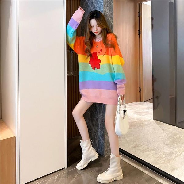 women's sweaters korean style o neck loose casual rainbow striped sweater women simple all match oversize knitted pullovers autumn 2021, White;black
women's sweaters korean style o neck loose casual rainbow striped sweater women simple all match oversize knitted pullovers autumn 2021, White;black