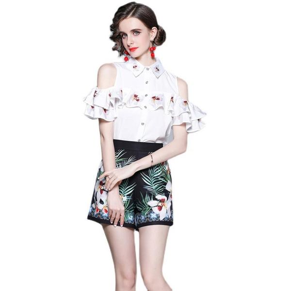 women's tracksuits tracksuit two piece set short sleeve off shoulder ruffles white shirt and print shorts suits casual summer 2 pcs set, Gray
women's tracksuits tracksuit two piece set short sleeve off shoulder ruffles white shirt and print shorts suits casual summer 2 pcs set, Gray
