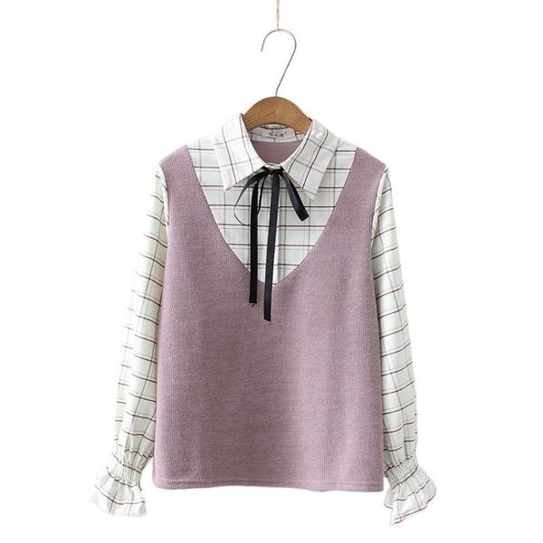 women's blouses & shirts plaid patchwork women fake two pieces blouse 2021 autumn long sleeve turndown collar lace up korean fashion fe, White
women's blouses & shirts plaid patchwork women fake two pieces blouse 2021 autumn long sleeve turndown collar lace up korean fashion fe, White