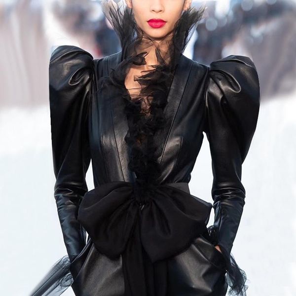 women's leather & faux omikron fashion runway design 2021 ruffled lace mesh stitching bow slim pu jacket for women luxury, Black
women's leather & faux omikron fashion runway design 2021 ruffled lace mesh stitching bow slim pu jacket for women luxury, Black
