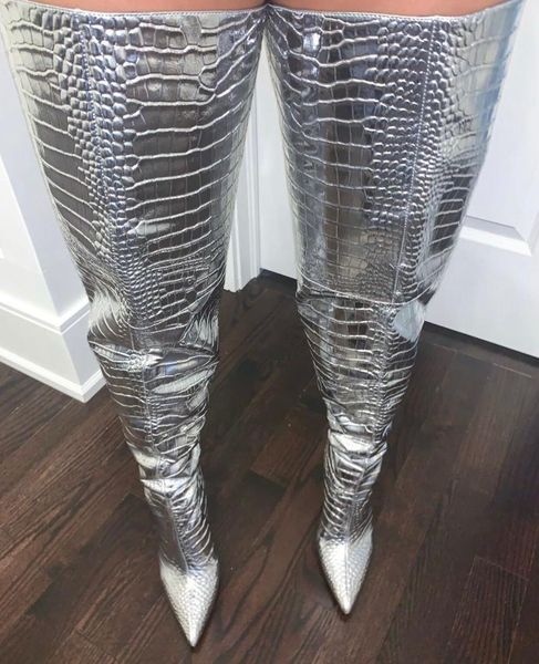 gold/sliver snakeskin leather over the knee boots thin heels pointed toe long women tight high boot dress shoes, Black