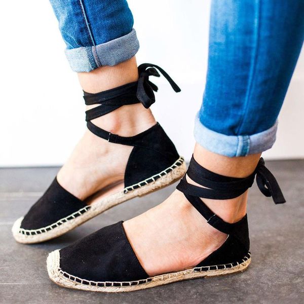 womens shoes flat lace-up espadrilles summer chunky holiday sandals strap comfortable lady sandalias, Black