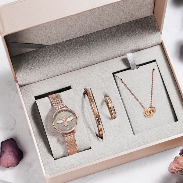 gift box set women's little bee watch fashion quartz watch waterproof, Slivery;brown