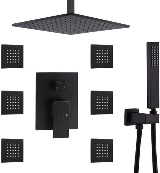 ceiling brass shower system,12 inch rainfall showe head,6 pcs body jets,black finish bathroom sets
ceiling brass shower system,12 inch rainfall showe head,6 pcs body jets,black finish bathroom sets