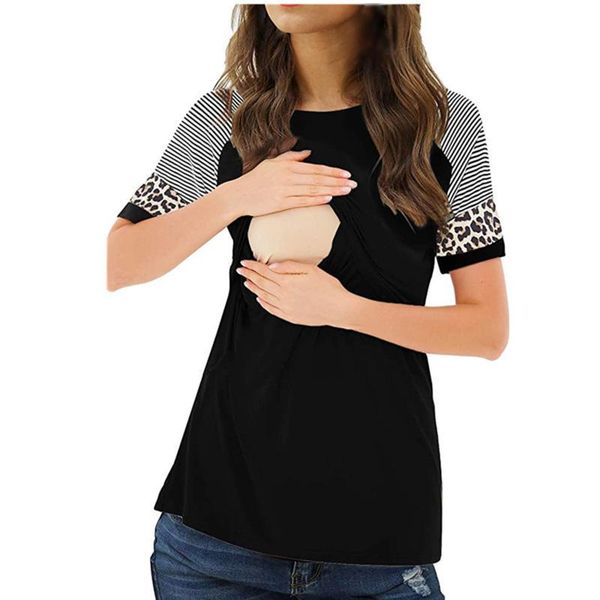 women's t-shirt t shirt solid color splicing stripe summer casual leopard print maternity collocation, White
women's t-shirt t shirt solid color splicing stripe summer casual leopard print maternity collocation, White
