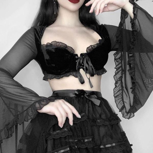 women's blouses & shirts autumn 2021 chiffon v-neck flared sleeves bandage blouse lace splicing perspective gothic fashion high street, White
women's blouses & shirts autumn 2021 chiffon v-neck flared sleeves bandage blouse lace splicing perspective gothic fashion high street, White