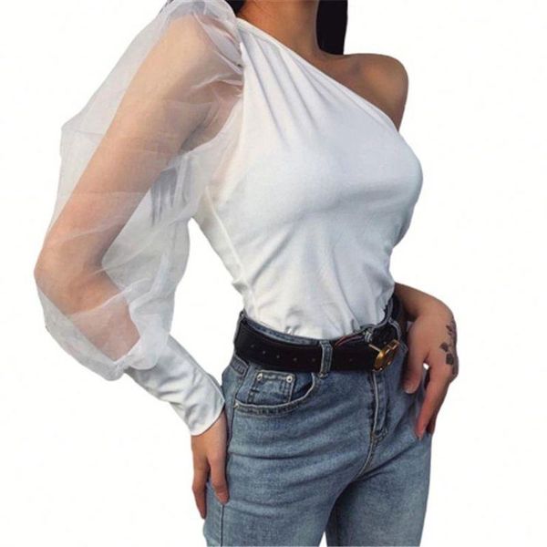 women's blouses & shirts 2021 fashion lady mesh puff sleeve splice one shoulder skew collar skinny girls tee summer women plain t shirt, White
women's blouses & shirts 2021 fashion lady mesh puff sleeve splice one shoulder skew collar skinny girls tee summer women plain t shirt, White
