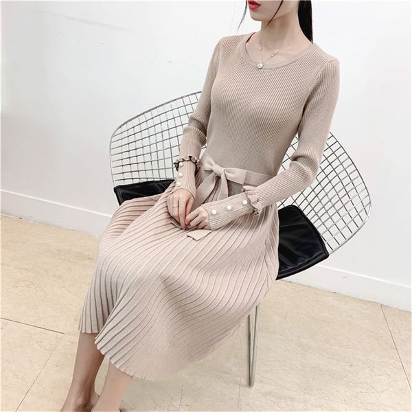 autumn winter slim pleated dress women casual ruffles full sleeve o-neck solid lace up knitted 210520, Black;gray
autumn winter slim pleated dress women casual ruffles full sleeve o-neck solid lace up knitted 210520, Black;gray