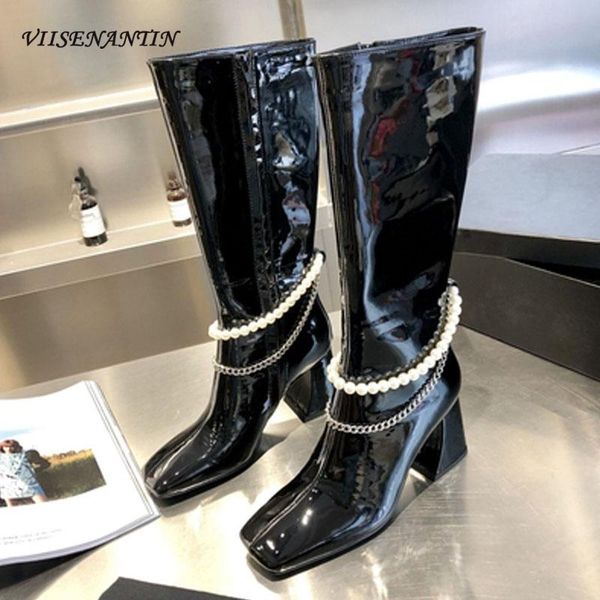 boots 2021 pearl chain square head shiny patent leather women long thick high heel spring autumn designer, Black
boots 2021 pearl chain square head shiny patent leather women long thick high heel spring autumn designer, Black