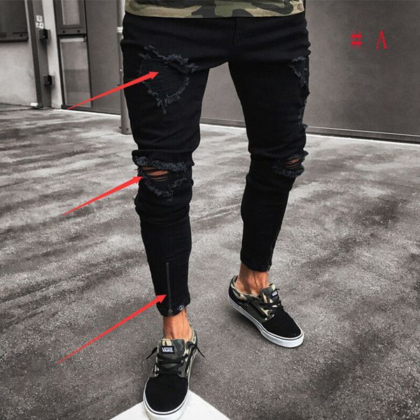 men's jeans, stretch tight jeans with hip hop hol, Blue