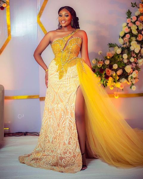 2021 plus size arabic aso ebi yellow lace crystals prom dresses one shoulder high split evening formal party second reception gowns dress zj, Black
2021 plus size arabic aso ebi yellow lace crystals prom dresses one shoulder high split evening formal party second reception gowns dress zj, Black