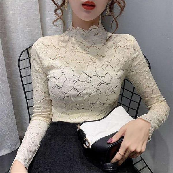 lace soild hollow out turtleneck womens blouses full sleeve elegant stretchy undershirts basic tees, White