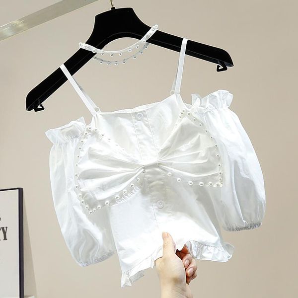 women's blouses & shirts for women heavy industry beaded bowknot decorative vintage puff sleeve sling slash neck off-shoulder, White
women's blouses & shirts for women heavy industry beaded bowknot decorative vintage puff sleeve sling slash neck off-shoulder, White