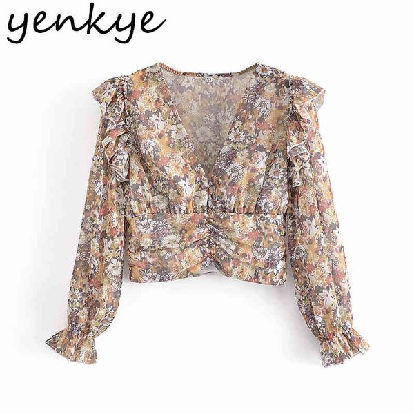 vintage floral print ruffle crop women v neck long sleeve casual summer blouse blusas 210430, White 
vintage floral print ruffle crop women v neck long sleeve casual summer blouse blusas 210430, White